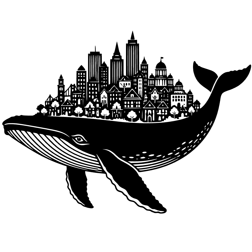 Ballena azul llevando una ciudad — archivo SVG