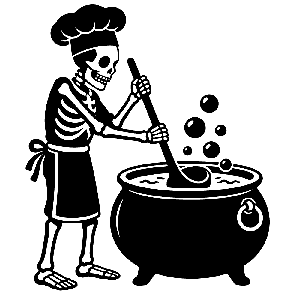 Caldero de sopa con chef esqueleto — archivo SVG
