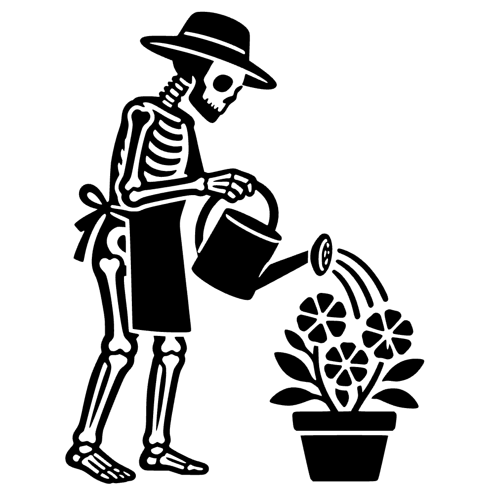 Esqueleto jardinero regando plantas — archivo SVG