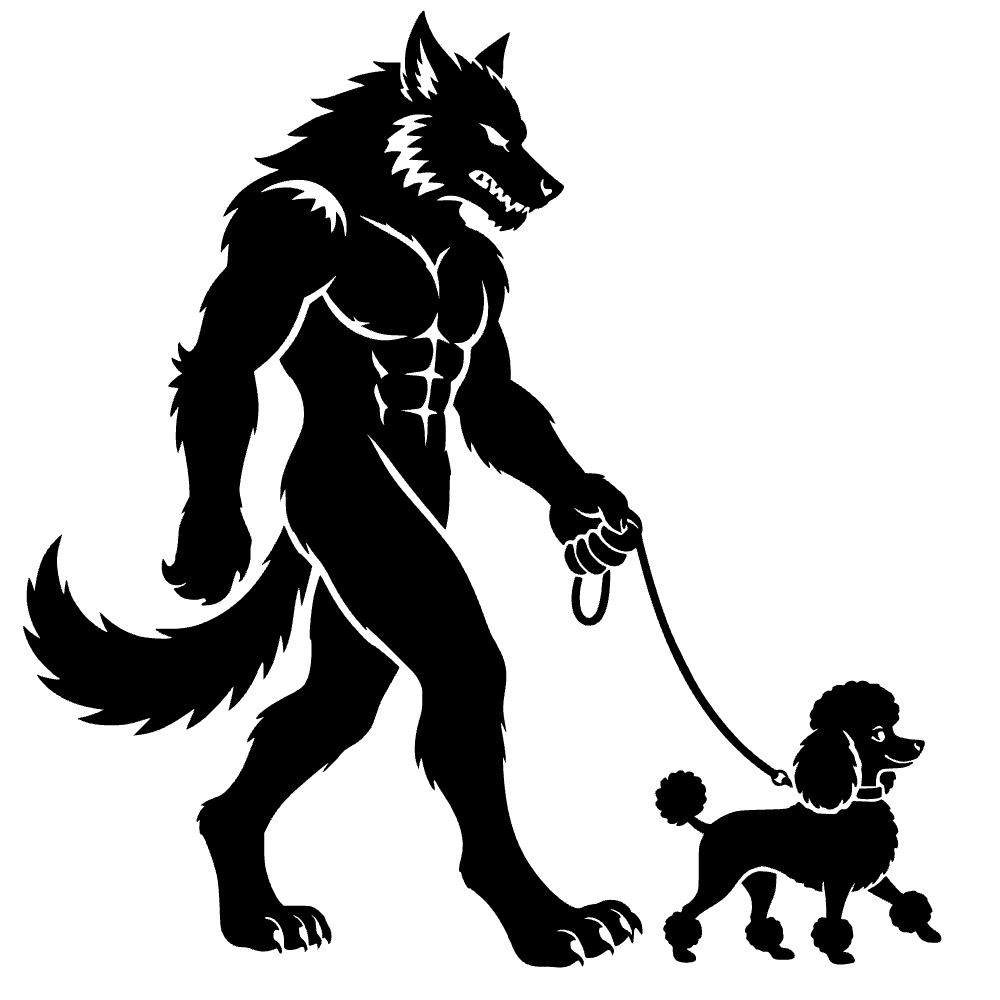 Hombre lobo paseando poodle — archivo SVG